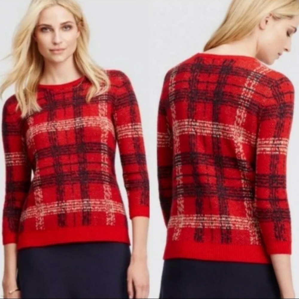 Ann Taylor Red/Black/Camel Plaid Wool Blend Sweater, Size Small - Picture 1 of 13
